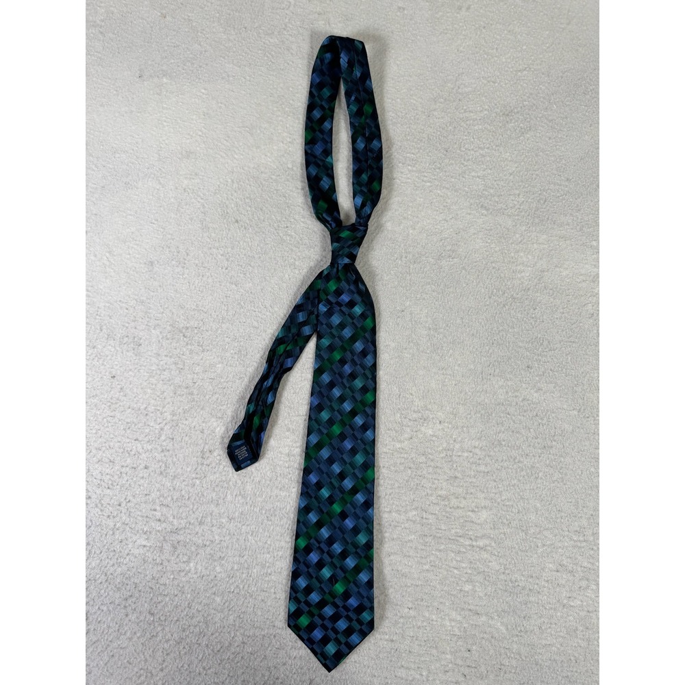John Ashford Necktie Mens OS Blue Green Good Silk Geometric Plaid Hand Made